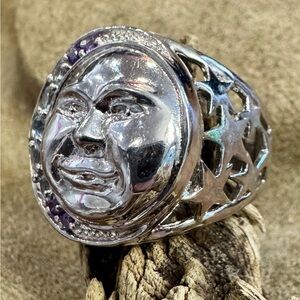 Silver, Amethyst & Aquamarine “Man in the Moon” Face Gemstone Ring, Size 7